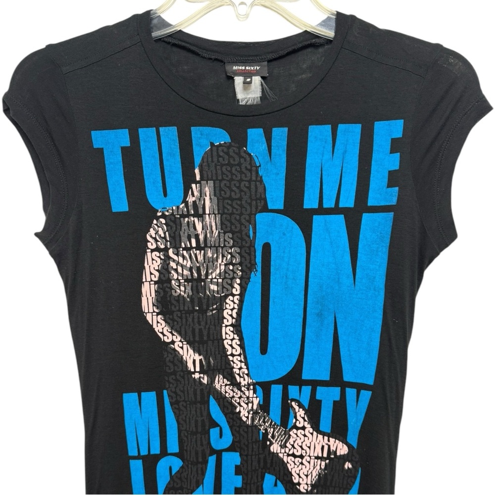 SOLD Vintage MISS SIXTY Turn Me On Y2K Shirt Size Small Guitar Rocker Girl - Picture 3 of 6